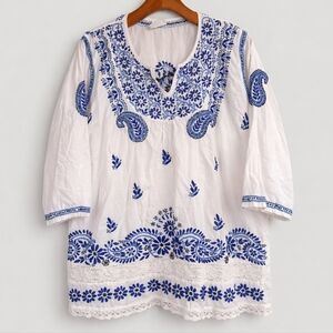 Embroidered White and Blue Women's Top
